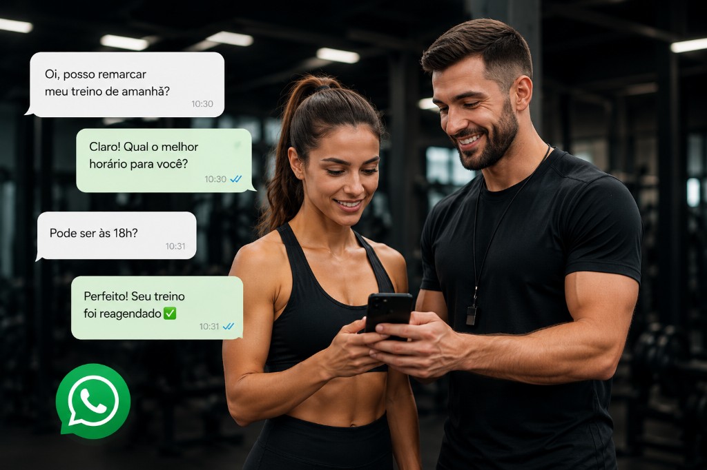 Personal trainer e aluna conferindo o reagendamento do treino no WhatsApp