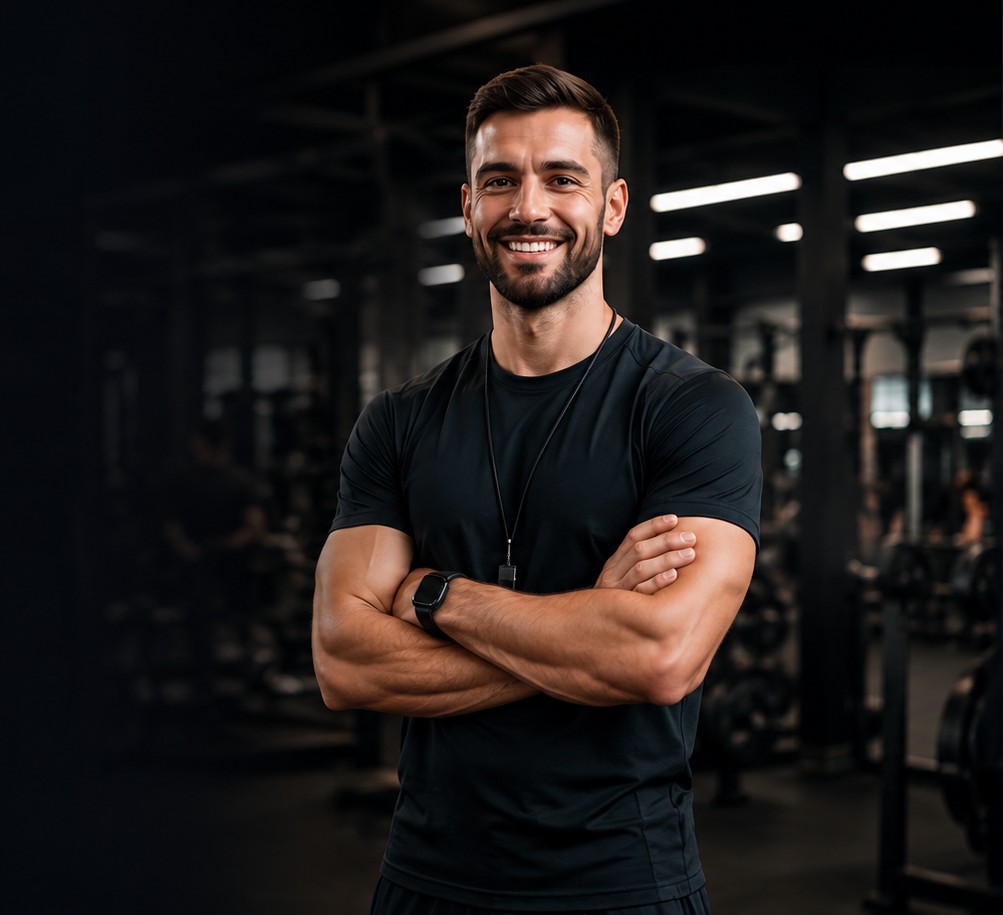 Personal trainer sorrindo em uma academia, de braços cruzados