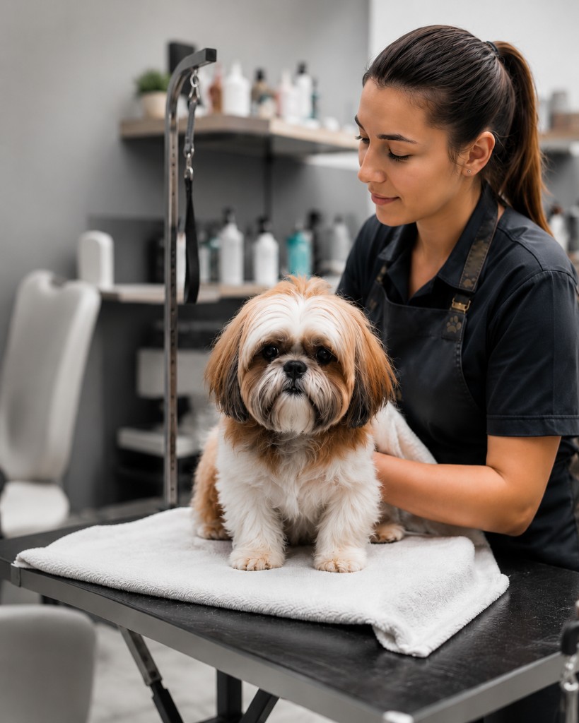 Profissional cuidando de um shih tzu no banho e tosa