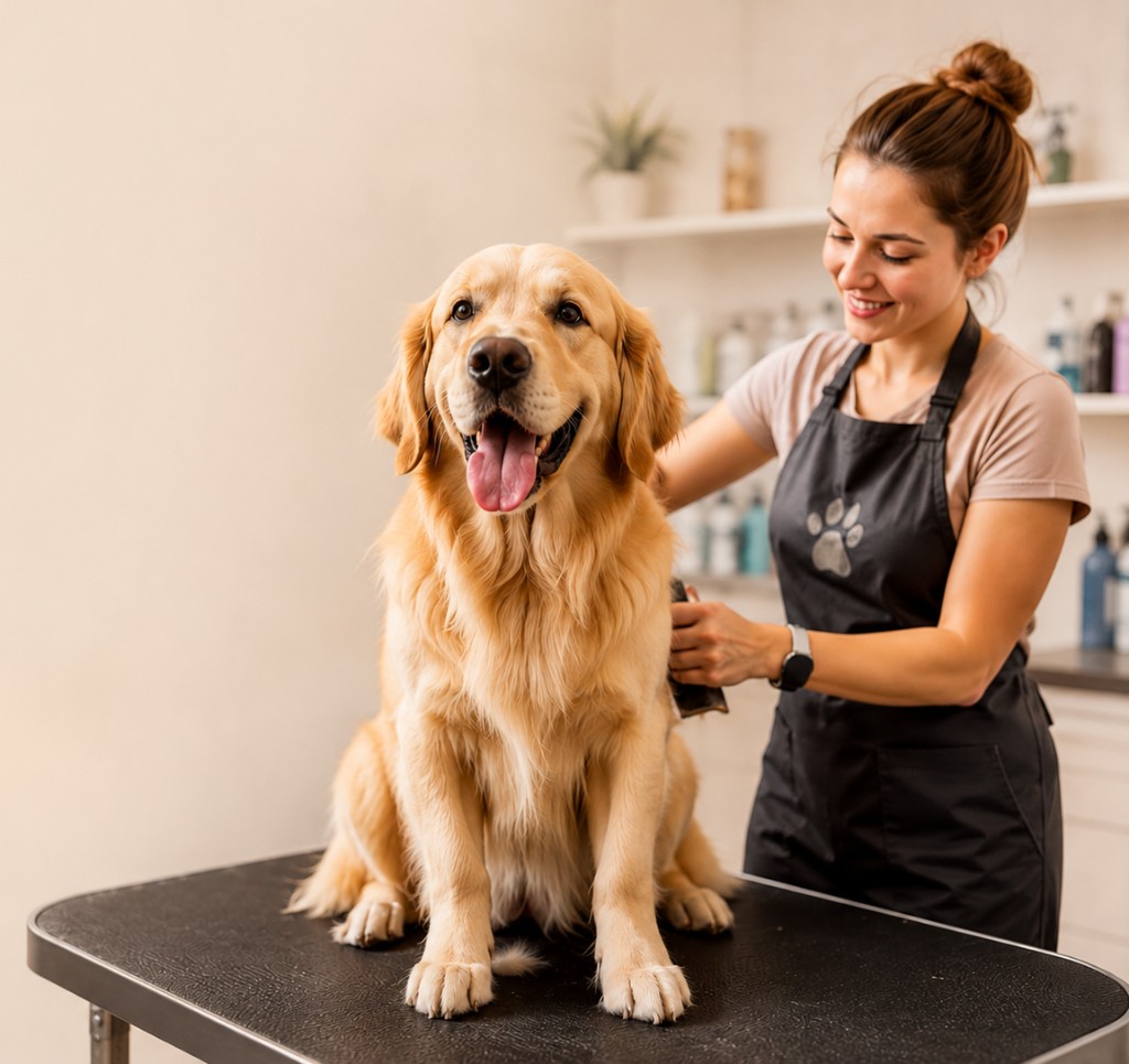 Profissional fazendo banho e tosa em um golden retriever
